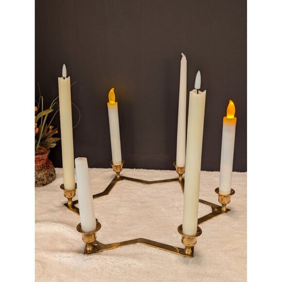 Star-Shaped Brass Candle Holder W/ 6 Arms For Taper Candles Wedding Party Decor - Picture 8 of 10